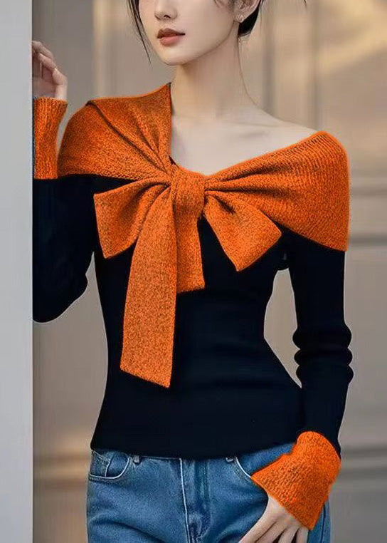 Slim Fit Orange Bow False Two Pieces Patchwork Knit Sweaters Fall