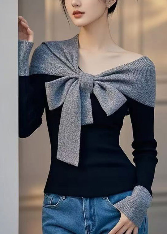 Slim Fit Orange Bow False Two Pieces Patchwork Knit Sweaters Fall