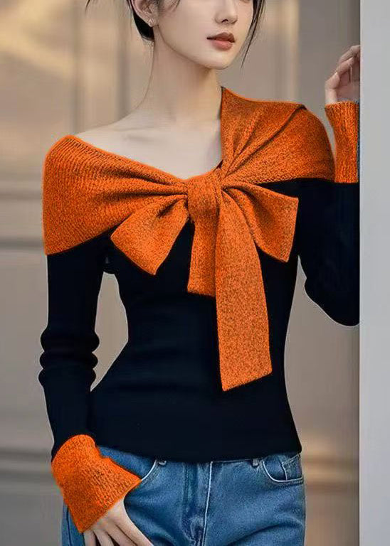 Slim Fit Orange Bow False Two Pieces Patchwork Knit Sweaters Fall