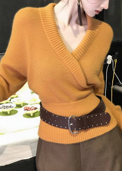 Slim Fit Orange V Neck Cozy Knit Sweater Spring