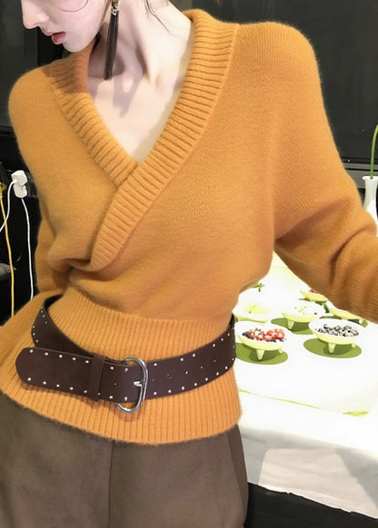 Slim Fit Orange V Neck Cozy Knit Sweater Spring