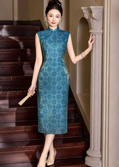 Slim Fit Peacock Blue Mandarin Collar Rhinestone Hem Dresses Sleeveless