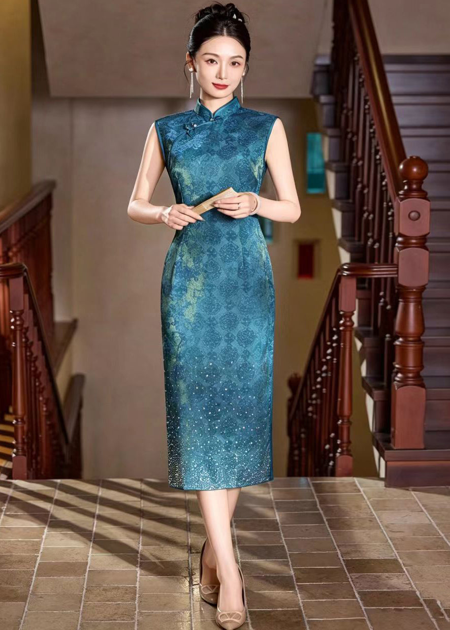Slim Fit Peacock Blue Mandarin Collar Rhinestone Hem Dresses Sleeveless