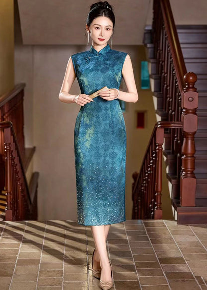 Slim Fit Peacock Blue Mandarin Collar Rhinestone Hem Dresses Sleeveless