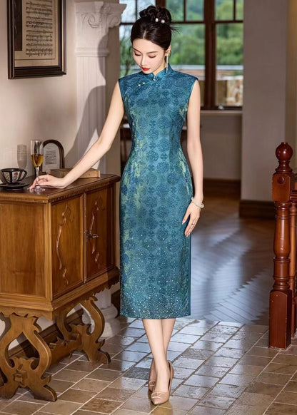Slim Fit Peacock Blue Mandarin Collar Rhinestone Hem Dresses Sleeveless