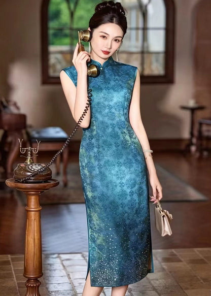 Slim Fit Peacock Blue Mandarin Collar Rhinestone Hem Dresses Sleeveless