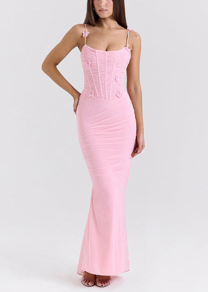 Slim Fit Pink Butterfly Wrinkled Tulle Spaghetti Strap Dress Sleeveless