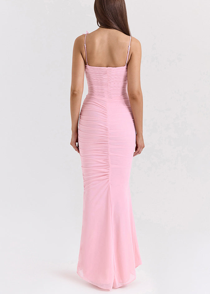 Slim Fit Pink Butterfly Wrinkled Tulle Spaghetti Strap Dress Sleeveless