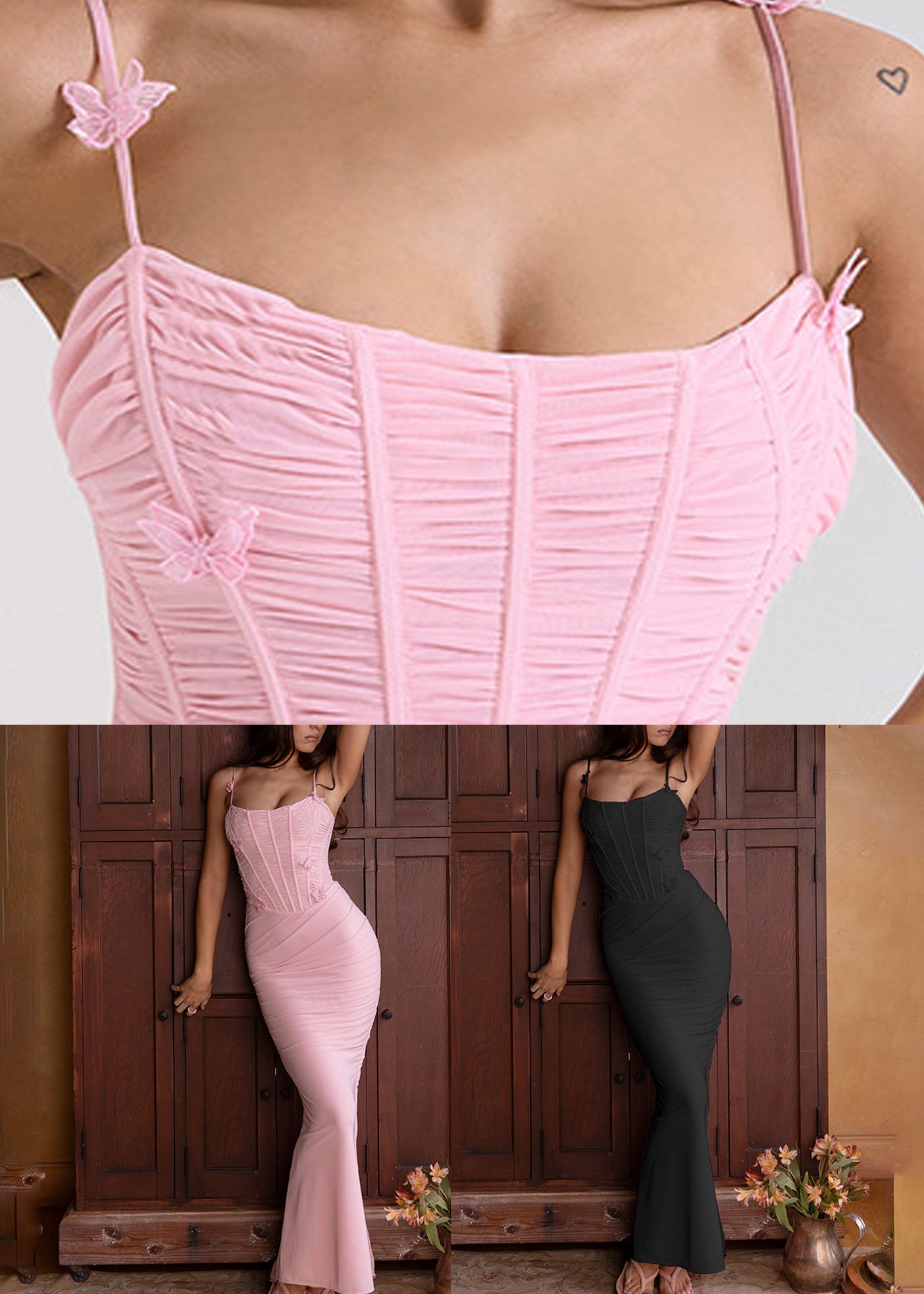 Slim Fit Pink Butterfly Wrinkled Tulle Spaghetti Strap Dress Sleeveless