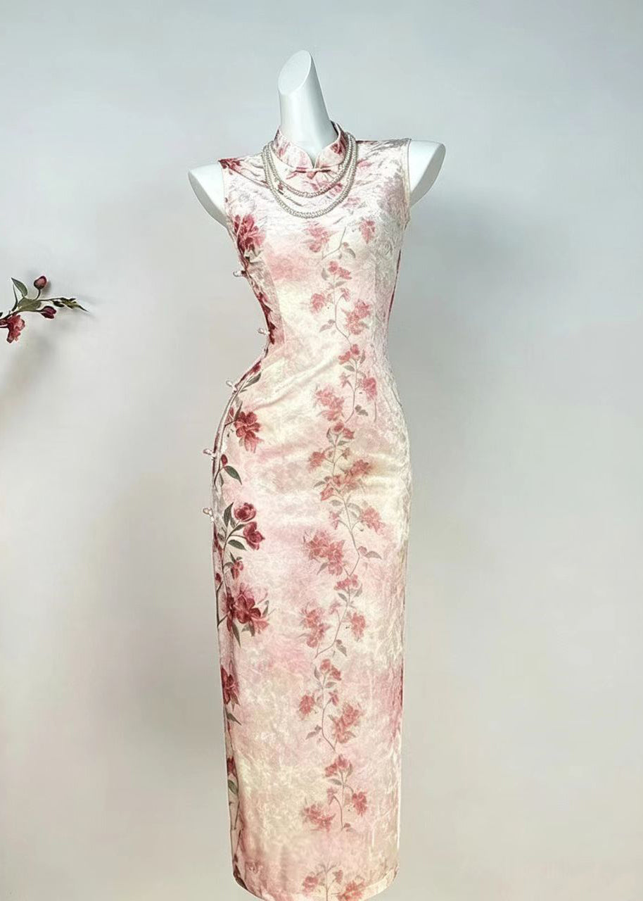 Slim Fit Pink Mandarin Collar Floral Dress Sleeveless