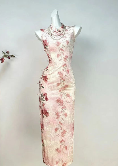 Slim Fit Pink Mandarin Collar Floral Dress Sleeveless