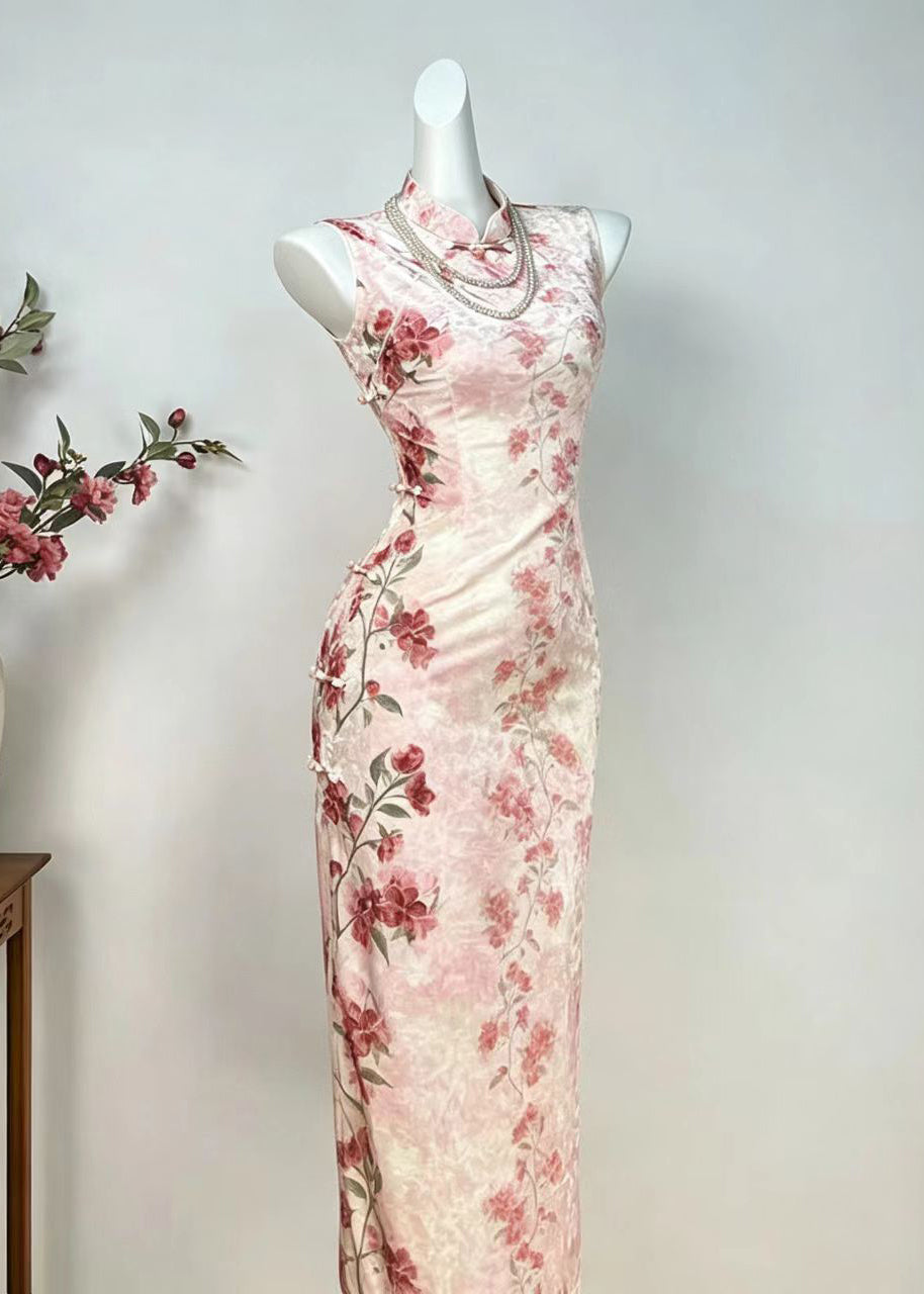 Slim Fit Pink Mandarin Collar Floral Dress Sleeveless