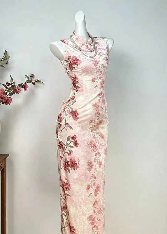 Slim Fit Pink Mandarin Collar Floral Dress Sleeveless
