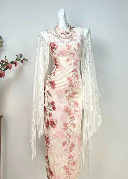 Slim Fit Pink Mandarin Collar Floral Dress Sleeveless