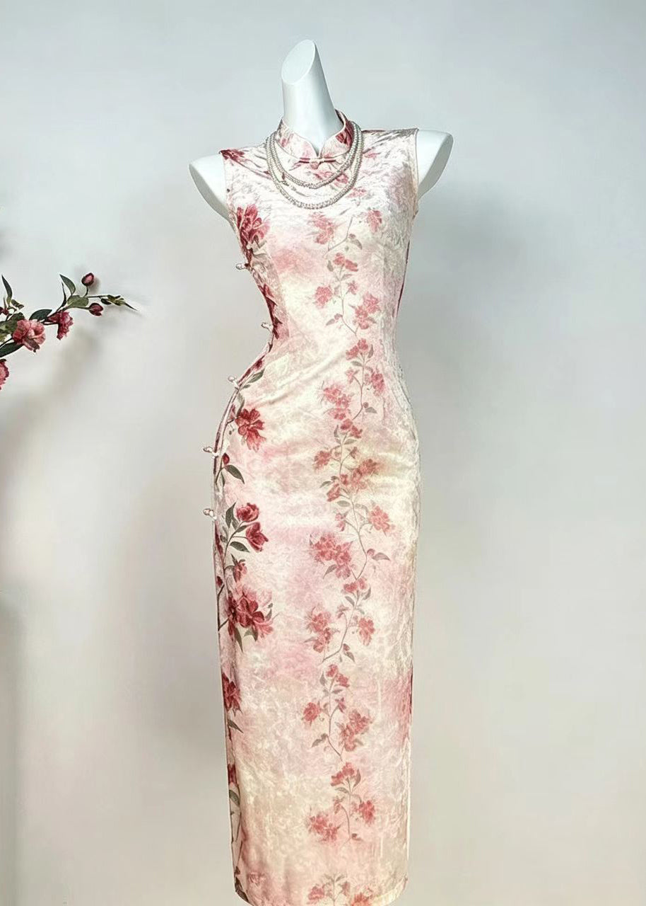 Slim Fit Pink Mandarin Collar Floral Dress Sleeveless