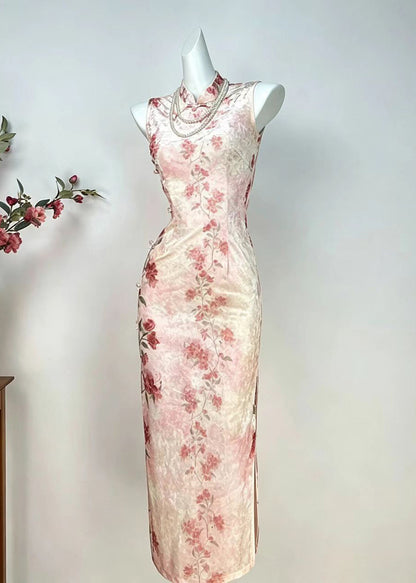 Slim Fit Pink Mandarin Collar Floral Dress Sleeveless
