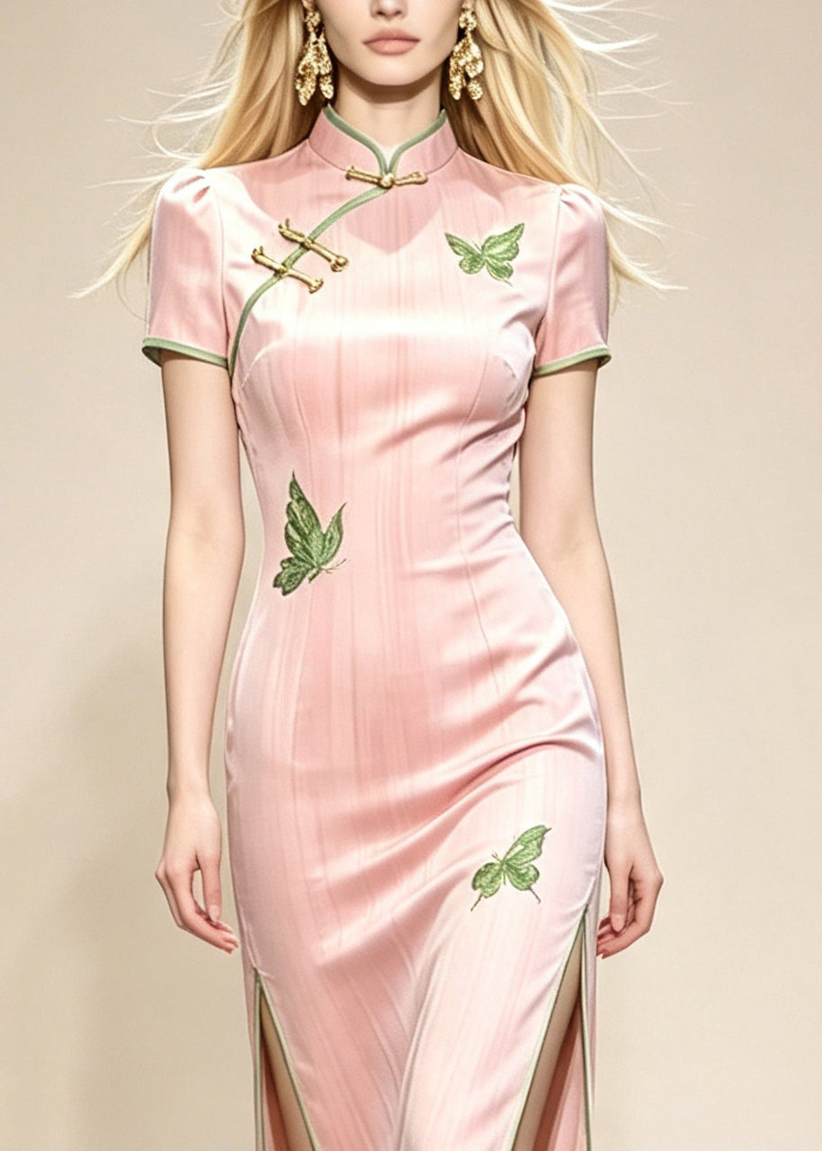 Slim Fit Pink Mandarin Collar Side Open Maxi Dresses Short Sleeve