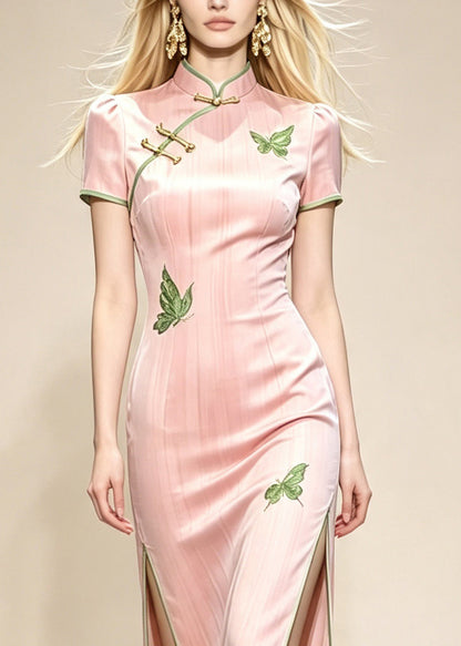 Slim Fit Pink Mandarin Collar Side Open Maxi Dresses Short Sleeve