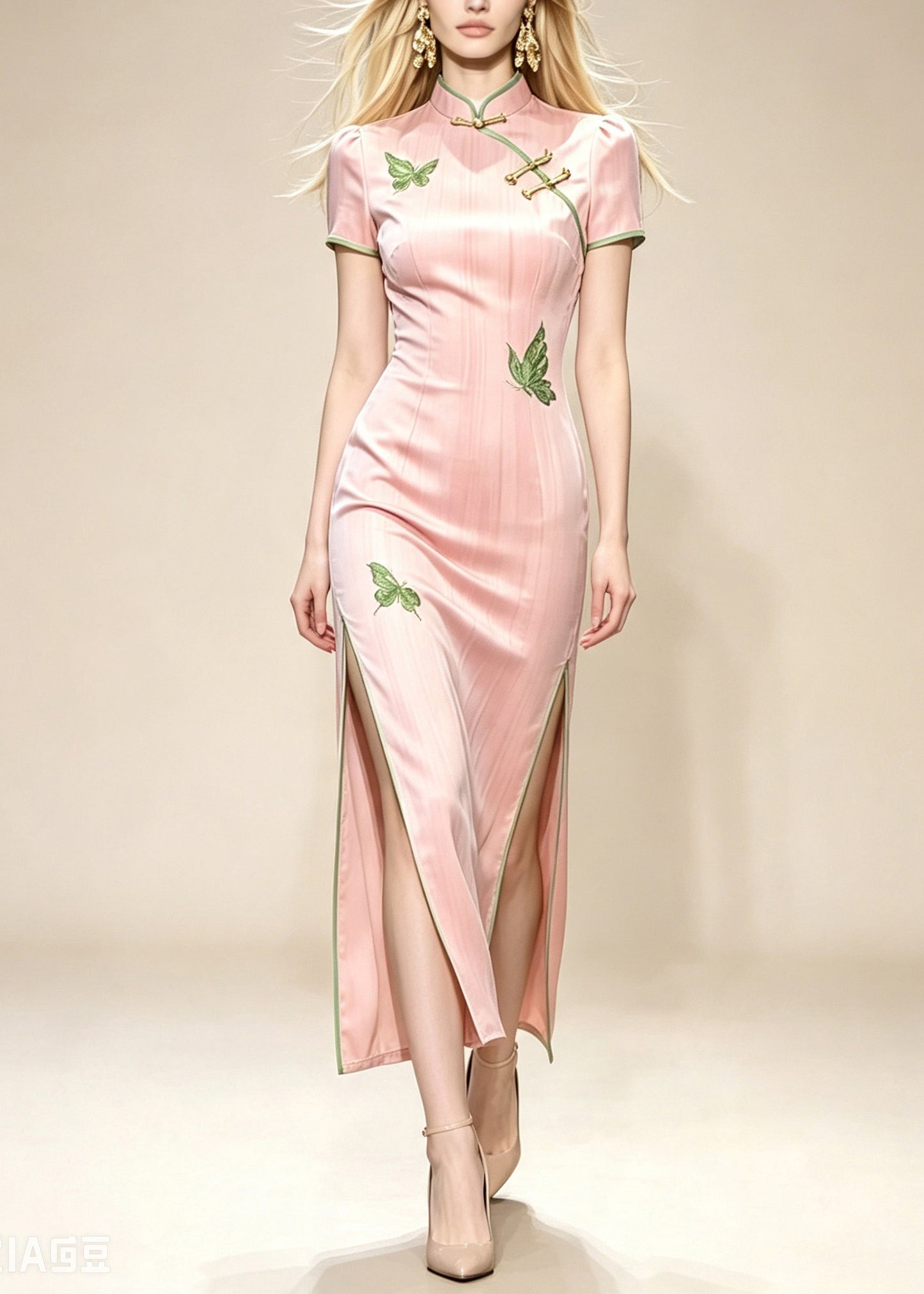 Slim Fit Pink Mandarin Collar Side Open Maxi Dresses Short Sleeve