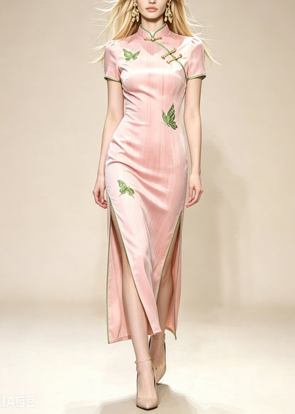 Slim Fit Pink Mandarin Collar Side Open Maxi Dresses Short Sleeve