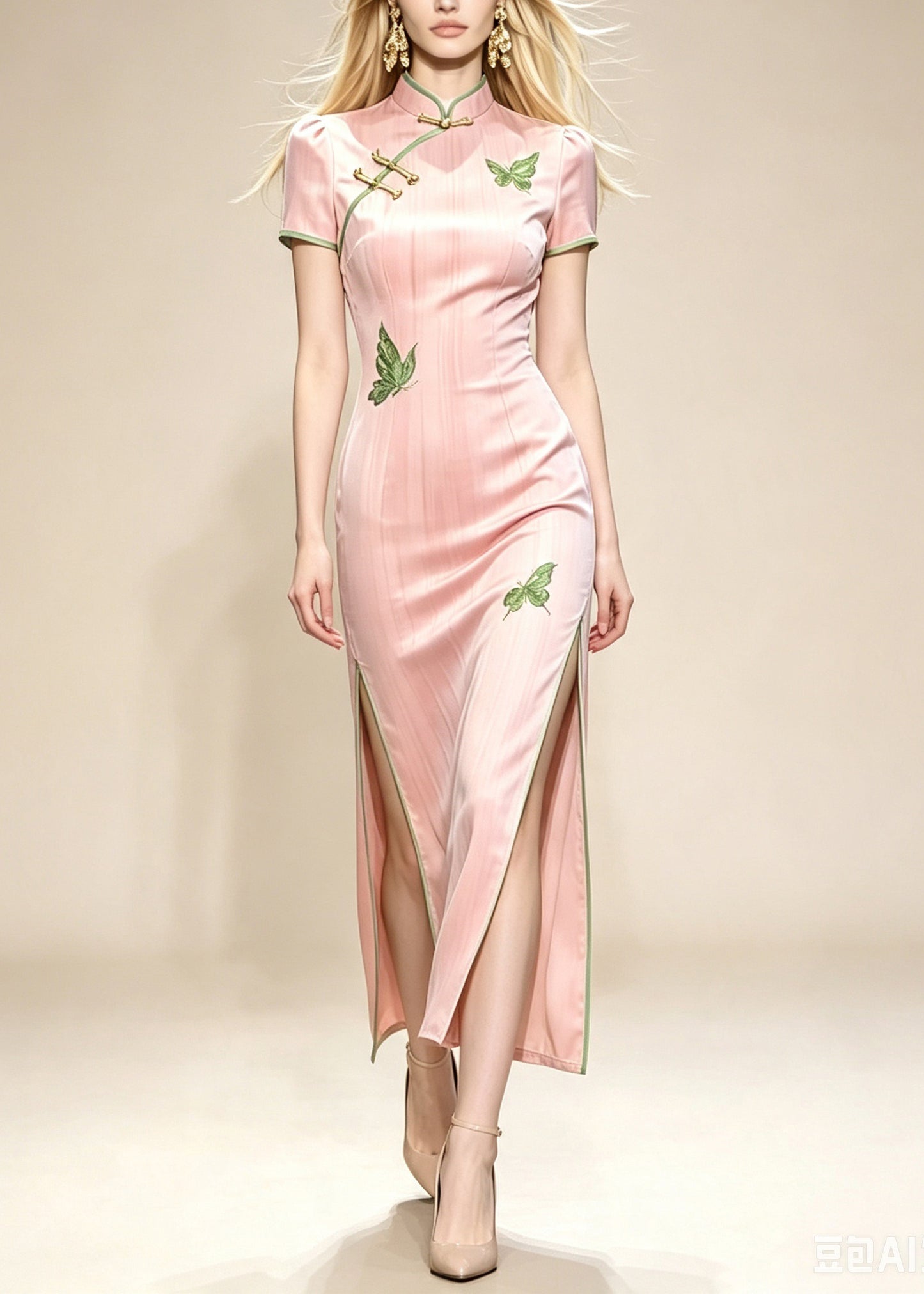 Slim Fit Pink Mandarin Collar Side Open Maxi Dresses Short Sleeve