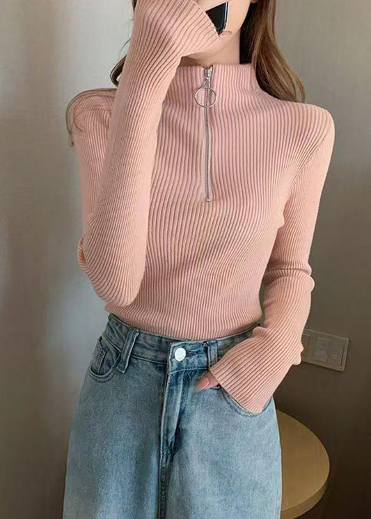 Slim Fit Pink Mock Nece Zip Up Knit Sweater Tops Fall