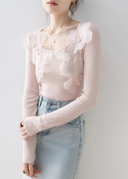 Slim Fit Pink O Neck Floral Nail Bead Knit Top Spring