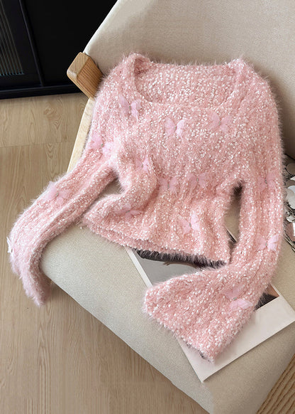 Slim Fit Pink Original Design Cozy Knit Sweater Flare Sleeve