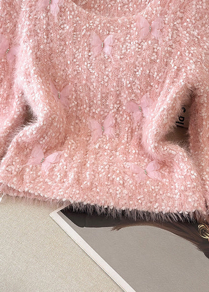 Slim Fit Pink Original Design Cozy Knit Sweater Flare Sleeve