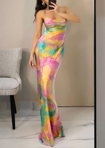 Slim Fit Pink Print High Waist Spaghetti Strap Dress Sleeveless