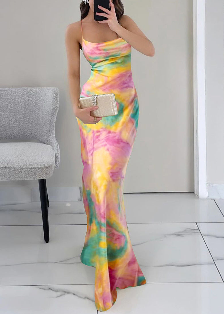 Slim Fit Pink Print High Waist Spaghetti Strap Dress Sleeveless