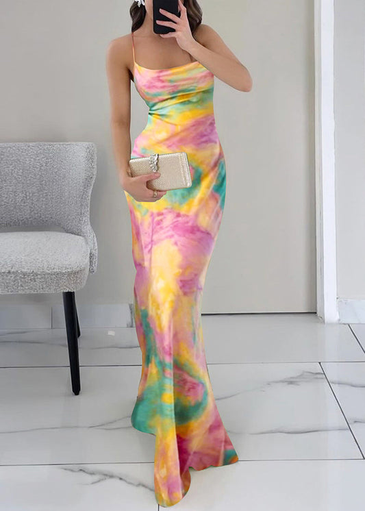 Slim Fit Pink Print High Waist Spaghetti Strap Dress Sleeveless