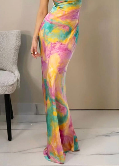 Slim Fit Pink Print High Waist Spaghetti Strap Dress Sleeveless