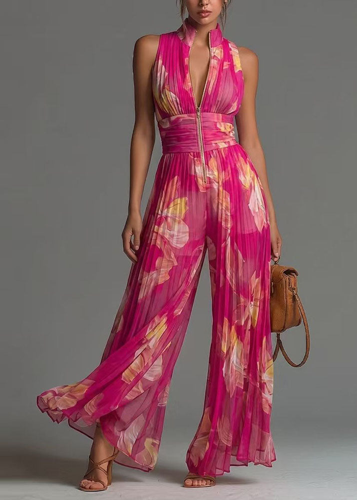 Slim Fit Pink Print Wrinkled Zippered Patchwork Tunic Jumpsuit Sleeveless