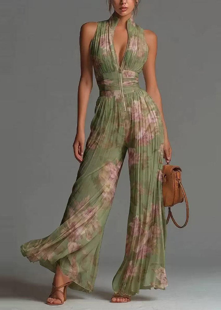 Slim Fit Pink Print Wrinkled Zippered Patchwork Tunic Jumpsuit Sleeveless