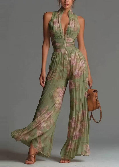 Slim Fit Pink Print Wrinkled Zippered Patchwork Tunic Jumpsuit Sleeveless