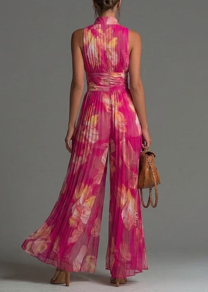 Slim Fit Pink Print Wrinkled Zippered Patchwork Tunic Jumpsuit Sleeveless