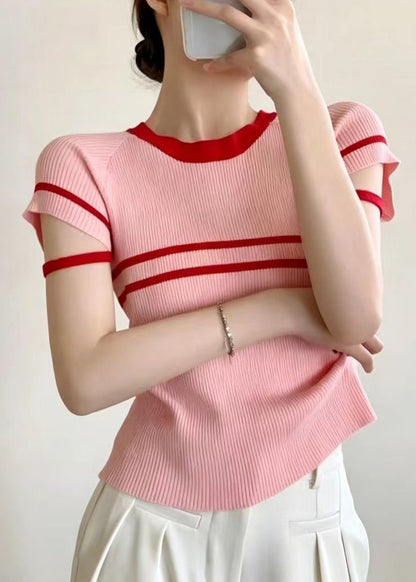 Slim Fit Pink Red Striped O-Neck Knit Shirt Tops Short Sleeve