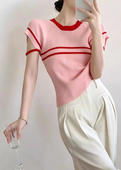 Slim Fit Pink Red Striped O-Neck Knit Shirt Tops Short Sleeve