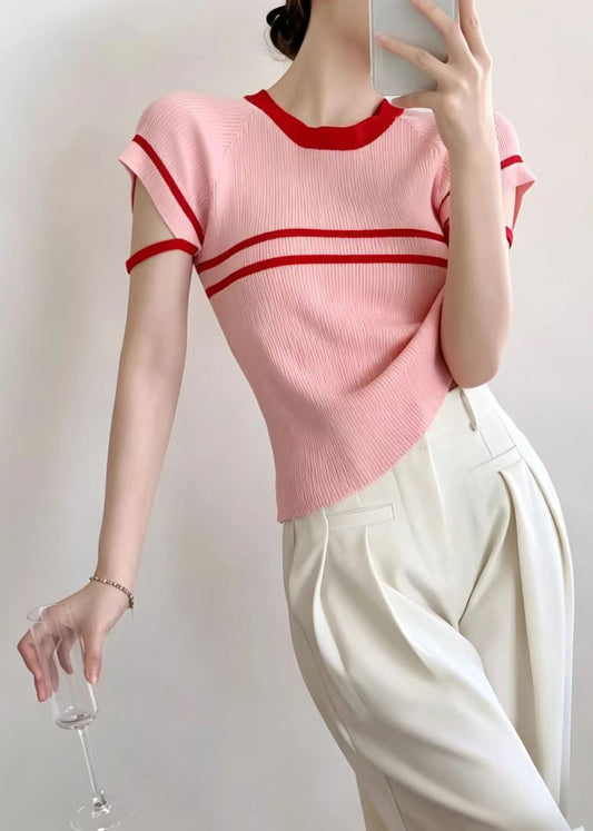 Slim Fit Pink Red Striped O-Neck Knit Shirt Tops Short Sleeve