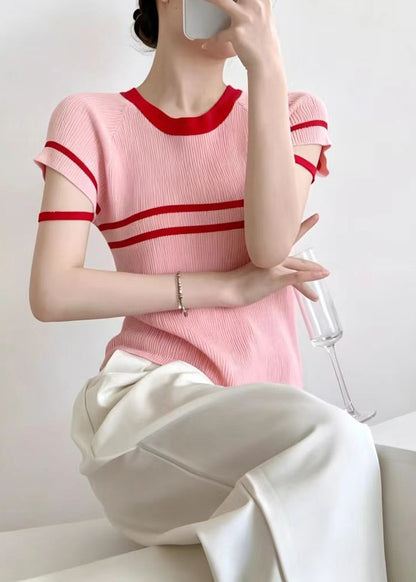 Slim Fit Pink Red Striped O-Neck Knit Shirt Tops Short Sleeve