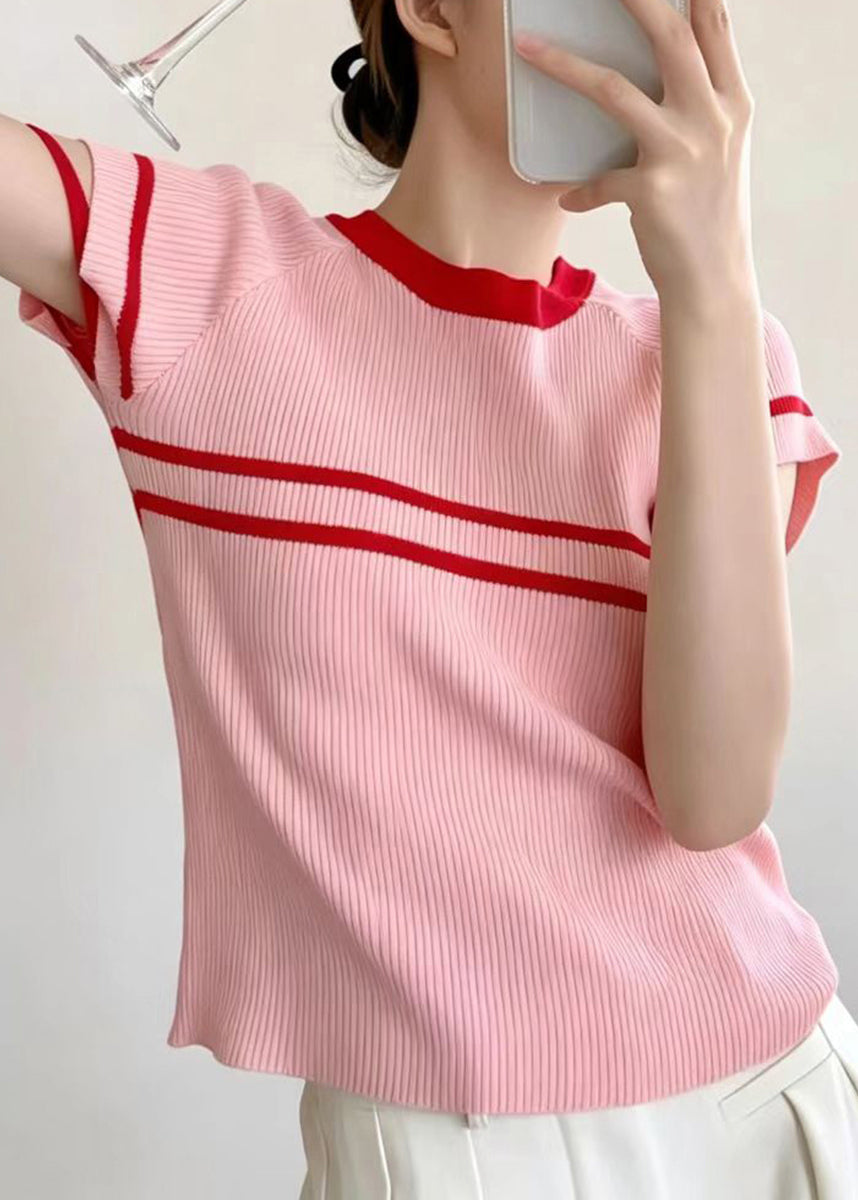 Slim Fit Pink Red Striped O-Neck Knit Shirt Tops Short Sleeve