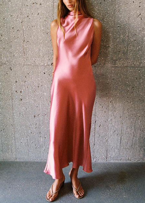 Slim Fit Pink Turtleneck Button Solid Silk Long Dress Sleeveless