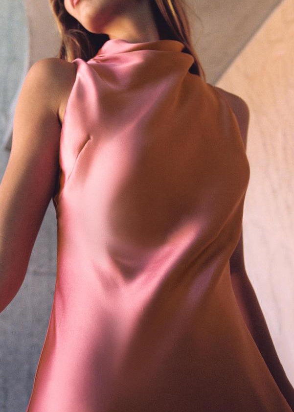 Slim Fit Pink Turtleneck Button Solid Silk Long Dress Sleeveless