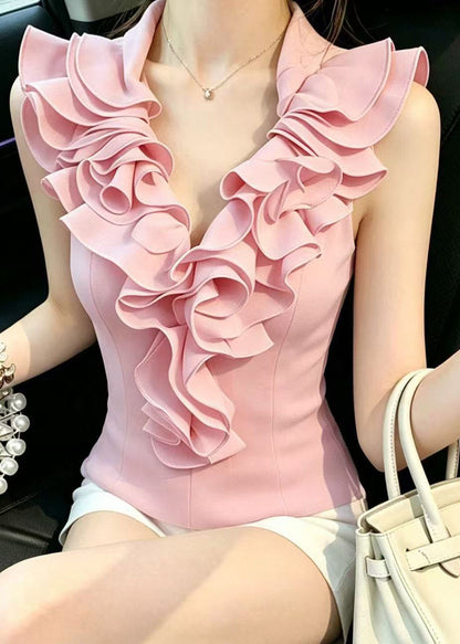 Slim Fit Pink V Neck Ruffled Tops Sleeveless