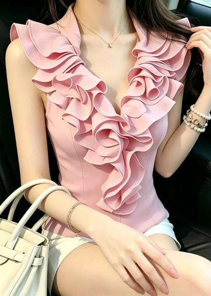 Slim Fit Pink V Neck Ruffled Tops Sleeveless