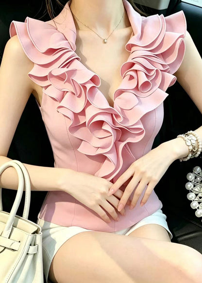 Slim Fit Pink V Neck Ruffled Tops Sleeveless