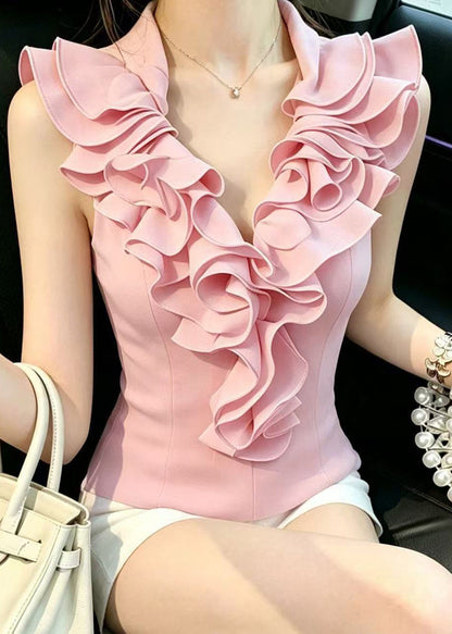 Slim Fit Pink V Neck Ruffled Tops Sleeveless
