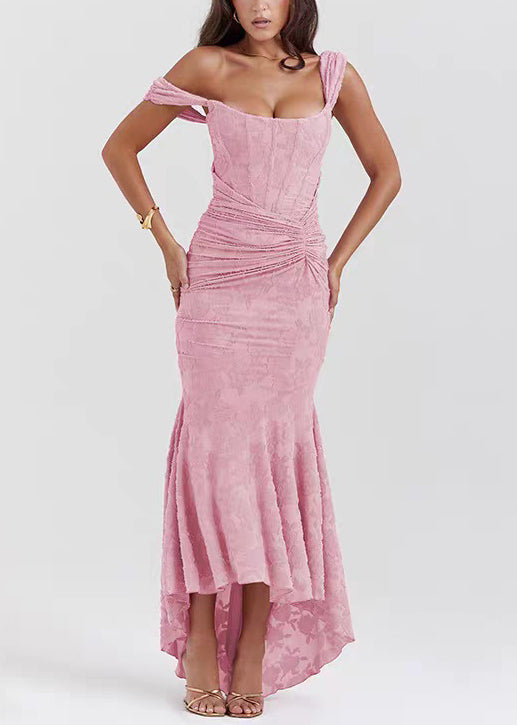 Slim Fit Pink Wrinkled Print Cotton Spaghetti Strap Dress Summer
