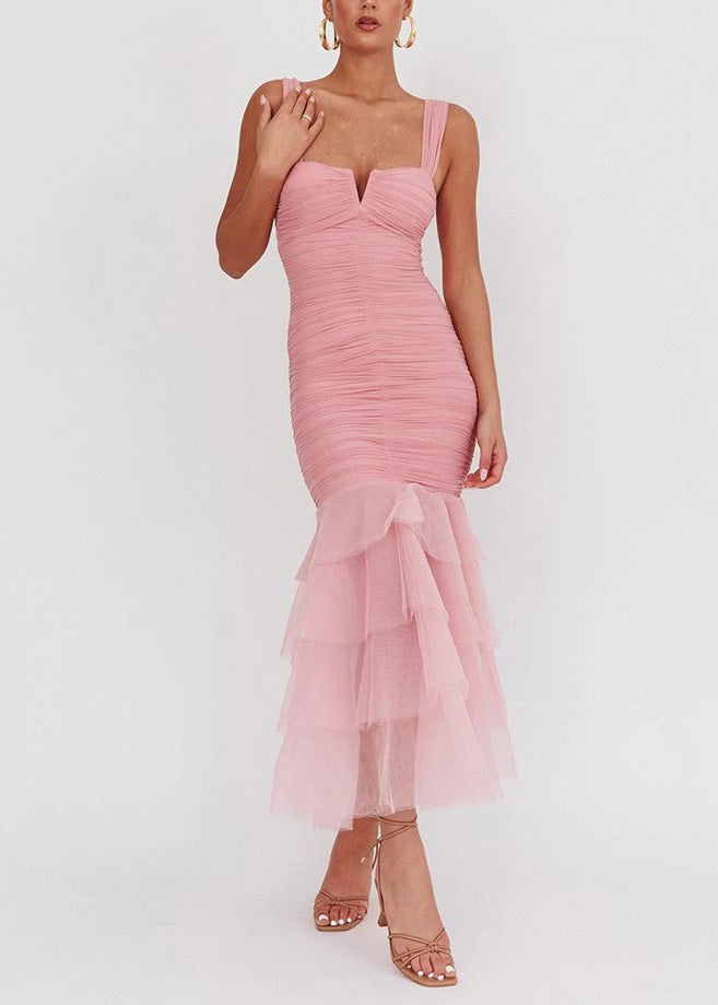 Slim Fit Pink Wrinkled Tulle Patchwork Long Dress Sleeveless